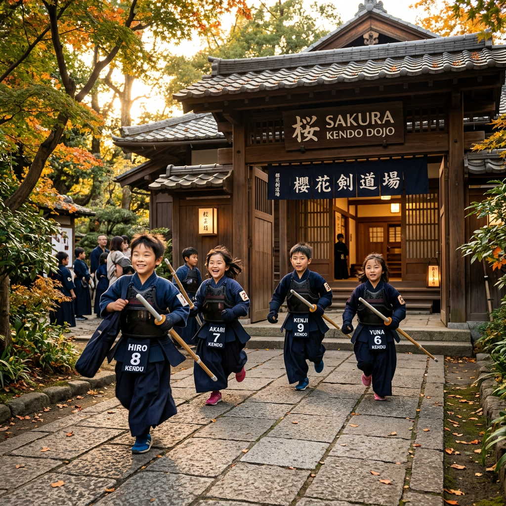 Four children in kendo gear outside SAKURA KENDO DOJO; Hiro 8, Akari 7, Kenji 9, Yuna 6
